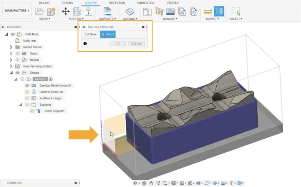 Fusion360 global planes are now shown in Sectional Analysis in Additive Settings